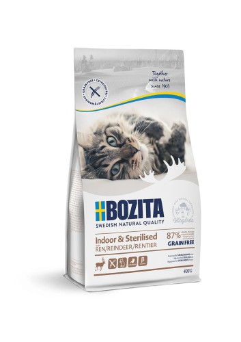 Bozita Indoor & Sterilised Grain Free Reindeer - karma dla kotów sterylizowanych i żyjących wewnątrz z reniferem, 400g