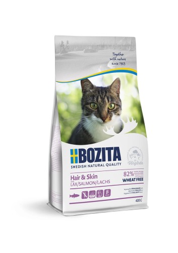 Bozita Hair & Skin Wheat Free Salmon - karma z łososiem, bez pszenicy dla kotów w okresie dorastania i dorosłych o długiej sierści oraz z problemami ze skórą bądź sierścią, 400g