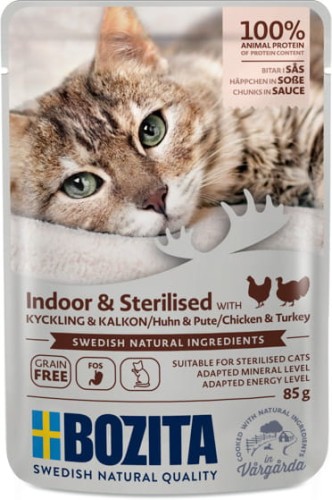Bozita Indoor & Sterilised - karma dla kotów, kawałeczki w sosie z kurczakiem i indykiem, saszetka 85 g