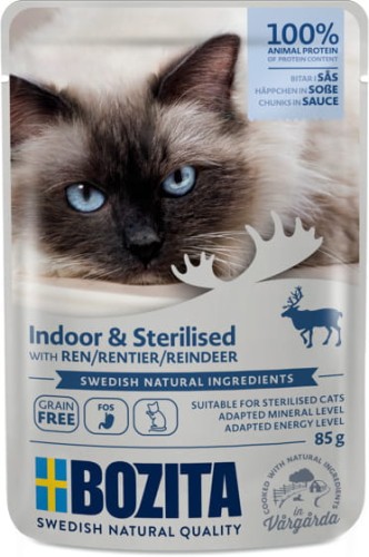 Bozita Indoor & Sterilised - karma dla kotów, kawałeczki w sosie z reniferem, saszetka 85 g