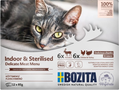 Bozita Indoor & Sterilised - karma dla kotów, kawałeczki w sosie z kurczakiem i indykiem oraz reniferem, saszetka 85 g , opakowanie zbiorcze 12 szt.