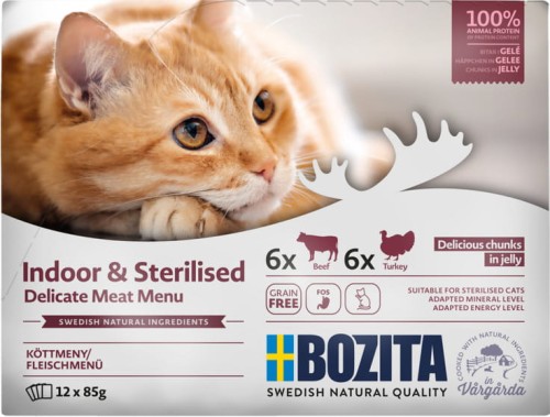 Bozita Indoor & Sterilised - karma dla kotów, kawałeczki w galaretce z wołowiną oraz indykiem, saszetka 85 g , opakowanie zbiorcze 12 szt.