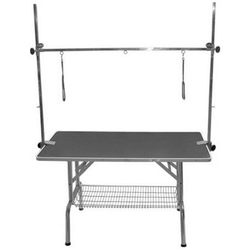 4Paws - stół trymerski z wysięgnikiem i koszem na akcesoria groomerskie, czarny blat 110x60 cm, wys. 65 cm