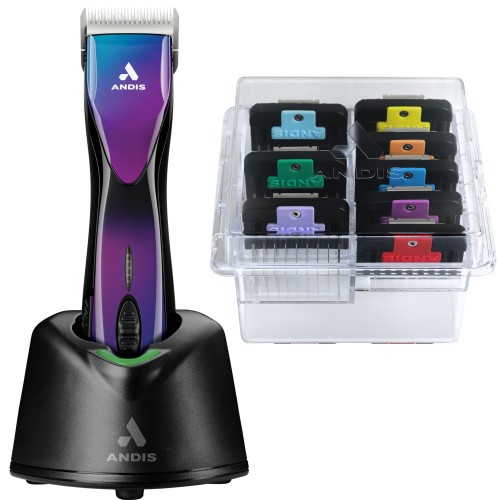 Andis - DBLC-2 Pulse ZR II Clipper Galaxy - maszynka bezprzewodowa, 5-biegowa z dwoma akumulatorami i ostrzem CeramicEdge nr 10 (1,5mm) + zestaw 8 szt. nasadek ze stali nierdzewnej "snap-on" (3-25 mm)