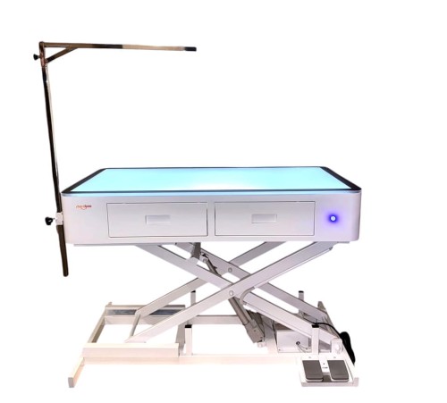 Shernbao - stół z podnośnikiem elektrycznym, podświetlanym blatem i 4 szufladami, blat 60,5 x 121,5 cm