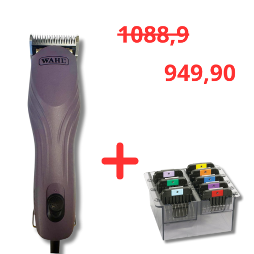 Wahl - KM10+ - profesjonalna maszynka dwubiegowa z ostrzem Wahl nr 10 - 1,5 mm, kolor fioletowy + zestaw 8 szt. nasadek ze stali nierdzewnej w kasetce GRATIS