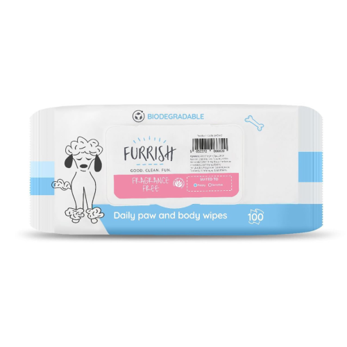 Furrish - Paw & Body Wipes, Fragrance Free - chusteczki do czyszczenia łap i sierści wrażliwej skóry i szczeniąt, bezzapachowe, 100 szt.