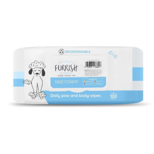 Furrish - Paw & Body Wipes, Baby Powder - chusteczki do czyszczenia łap i sierści, zapach pudru, 100 szt.