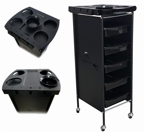 Profesjonalny, solidny, stalowy pomocnik fryzjerski na kółkach, czarny